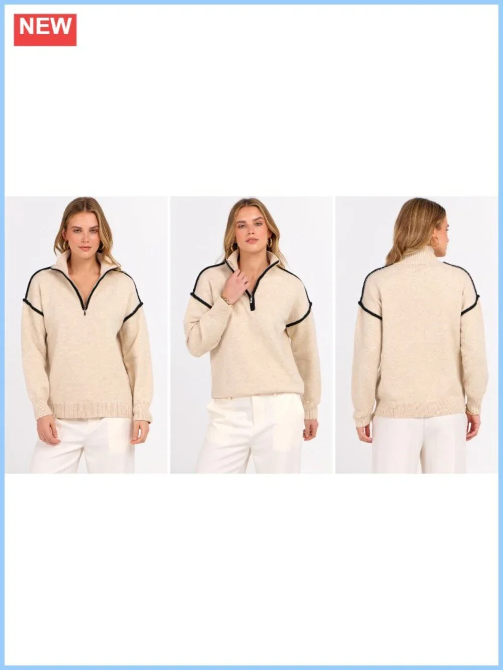 ANRABESS Women's Quarter Zip Knit V-Neck Collared Pullover Sweater